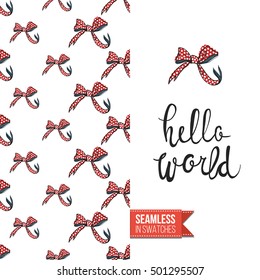 Vector greeting card for birthday, baby shower. Seamless pattern with bows on one side, on another inscription: hello world.