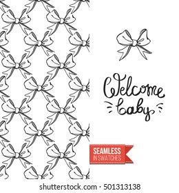 Vector greeting card for birthday, baby shower. Seamless pattern with bows on one side, on another inscription: welcome baby.