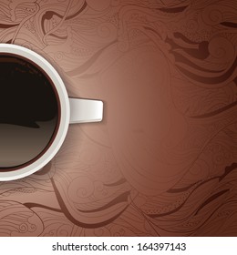 Vector greeting card with black coffee  at flavored  waves 