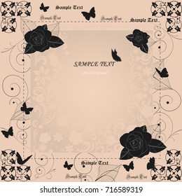 Vector greeting card with black roses and floral ornament 