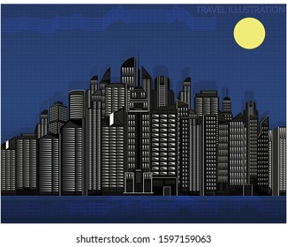 Vector greeting card with black skyscrapers and digital elements. View of the modern city.