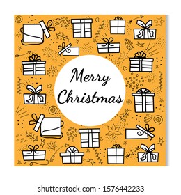 Vector greeting card, black and white set of gifts on orange background with a white circle in the middle and a congratulation for Christmas. Use for cards, invitations, background. Doodle, hand drawn