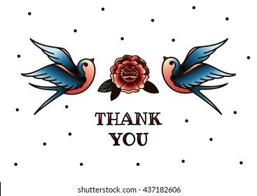 Vector Greeting Card with Blooming Flowers and Birds. Thank You with Place for Your Text. Roses, Wildflowers, Vector Illustration in style tattoo old school