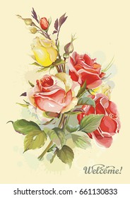Vector greeting card with blooming rose flower. Beautiful vintage background. Floral template for congratulation design