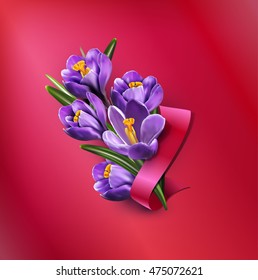 Tarjeta de saludo vectorial con cruces azules, cinta roja y lugar para texto sobre fondo púrpura