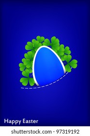 vector greeting card with blue egg made off paper and with clover, dedicated to Happy Easter Day