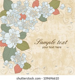 Vector greeting card with blue hydrangea flowers in pastel colors