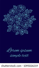 Vector greeting card with blue outline roses wreath and place for text on the navy blue background. Floral design for wedding invitations 