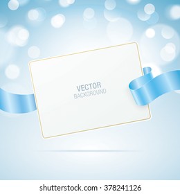 Vector greeting card, with blue silk ribbon on a bokeh background.