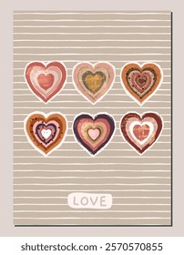 Vector greeting card with boho hearts with rough painted edges and texture, distressed grunge designs in earthy warm colors for wedding invitations, posters