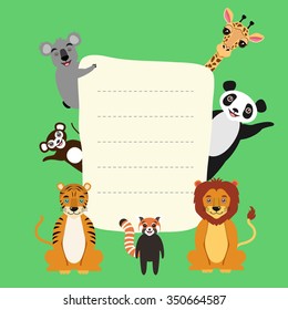 Vector greeting card, book cover, poster, banner.Cartoon animal characters. Lion, tiger, red panda, great panda, koala, giraffe, monkey. Kids illustration. Vector 10eps illustration.