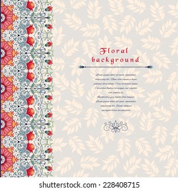 Vector greeting card with border. Fantasy flowers and floral design Seamless ornament with leaves. 