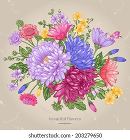 Vector greeting card with a bouquet of bright summer flowers on a beige background. Isolated. Illustration in vintage style.