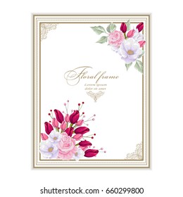 Vector Greeting card with bouquet flowers for wedding, birthday and other holidays. Floral square frame for text. 