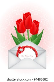 vector greeting card with bouquet of red tulips, may be used as a Women's Day or Saint Valentine's backdrop