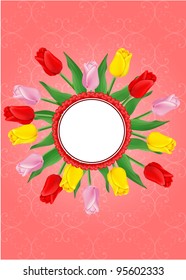 vector greeting card with bouquet of red tulips, may be used as a Women's Day or Saint Valentine's backdrop