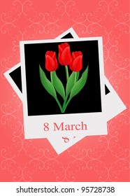 vector greeting card with bouquet of red tulips, may be used as a Women's Day backdrop