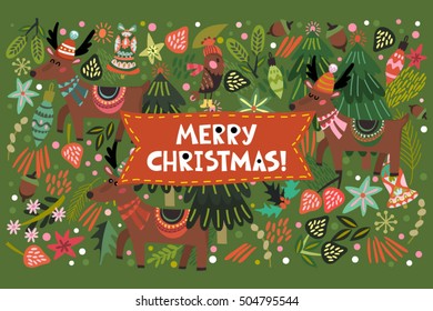 Vector greeting card of bright Christmas symbols 