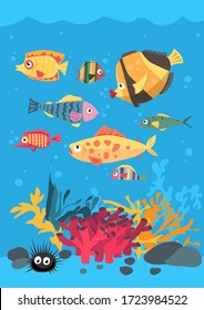 Vector greeting card bright color cartoon underwater world of fish and plants
