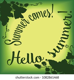 Vector greeting card with bright frame of silhouette berries and leaves of curly forest strawberries dark green on a yellow background
