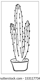 Vector greeting card with cactus. Cartoon monochrome isolated objects on a white background. Linear hand drawn illustration.