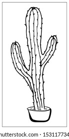 Vector greeting card with cactus. Cartoon monochrome isolated objects on a white background. Linear hand drawn illustration.