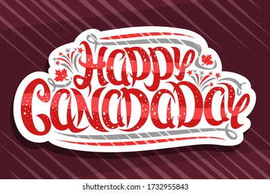 Tarjeta de saludo vectorial para el Día de Canadá, placa decorativa blanca con hojas de arce canadienses, fuegos artificiales de dibujos animados y confetti
