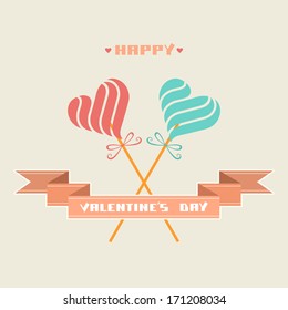 Vector greeting card  with candy in shape of hearts, banner, inscription - Happy Valentine's Day. Romantic abstract decorative simple illustration. Comic hipster concept of couple enamored for wedding