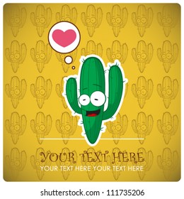 Vector greeting card with cartoon cactus character.
