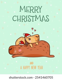 Cartão de saudação vetorial com desenho animado da família Capybara. Ilustração de Natal com a mãe de capybara e o bebê de capybara. Feliz Natal e cartão de ano novo.