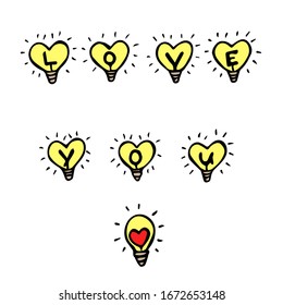 vector greeting card with cartoon hand-drawn light bulbs hearts and the inscription "love you" for Valentine's day. isolated on a white background. declaration of love