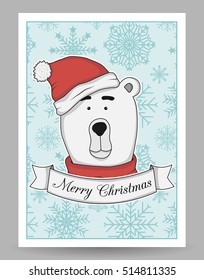 Vector greeting card with a cartoon polar bear in a knitted hat. The inscription Merry Christmas on a white ribbon. Happy New Year.