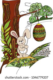 Vector greeting card. Cartoon spring scene with cute bunny and egg.