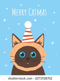 Vector greeting card with cat in christmas hat. Template for banner, card or poster. Cute thai cat with title Merry catmas.