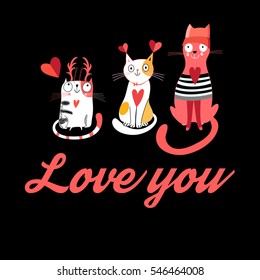 Vector greeting card with cats in love on a dark background
