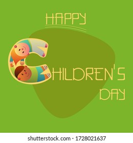 Vector greeting card with children characters and original fonts for Childrens Day Green color Blue color