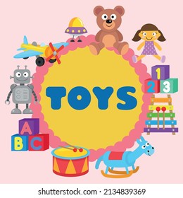 Vector greeting card with children's toy set. Children's toys collection. Funny kid game. It's a playset.