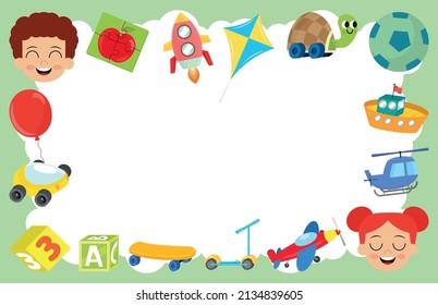 Vector greeting card with children's toy set. Children's toys collection. Funny kid game. It's a playset.