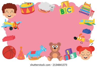 Vector greeting card with children's toy set. Children's toys collection. 