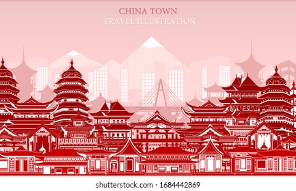 Vector greeting card with Chinese traditional houses in red colors	