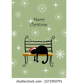 vector greeting card with Christmas. cat in Santa hat on the bench. merry Christmas