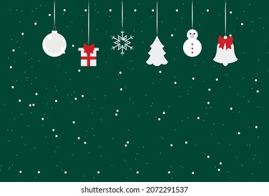 vector greeting card with christmas decorations. flat image of festive poster with hanging christmas toys on green background