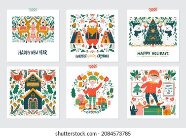 Vector greeting card with  Christmas elf, Santa Clause, deer, snowman, winter house and scandinavian decorations isolated on white background. 