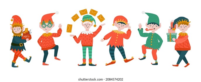 Vector greeting card with  Christmas elves and isolated on white background. Santa's helpers holding holiday gifts and envelopes, dancing . 