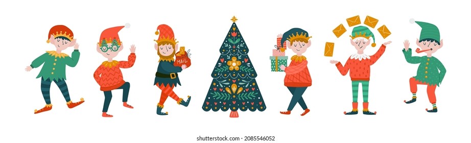 Vector greeting card with  Christmas elves and scandinavian decorations isolated on white background. Santa's helpers dancing uround christmas tree, holding holiday gifts and envelopes. 
