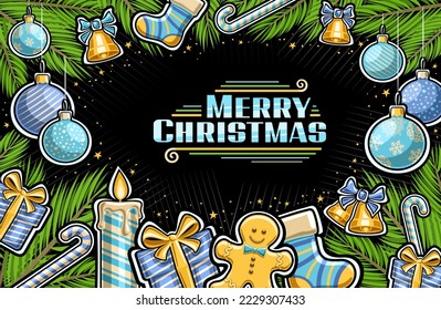 Vector greeting card for Christmas, horizontal poster with illustration of shiny xmas balls, branches of christmas tree, decorative stars, gingerbread cookie man, burning candle, words merry christmas