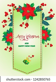 Vector greeting card for Christmas and New Year. Poinsettia and holly branches with berries and leaves on the sides of stitched parchment. At the top of the holly with poinsettia garland in the center