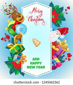 Vector greeting card for Christmas and New Year. Deer with Christmas balls, gifts, gnome and Christmas plants surrounding stitched parchment