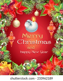 Vector greeting card with Christmas and New Year tree with branches, pine cones and toys