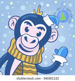 vector greeting card with Christmas and new year. a cute monkey in the Christmas cap, scarf and mittens waving a welcome with his paw on the background of snowflakes.